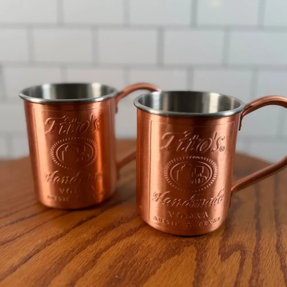 Pair of Tito's Handmade Vodka Copper Moscow Mule Mugs Lined 12oz